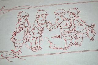 Victorian Children Of Yesteryear Antique German 1900s Redwork Tablecloth Runner