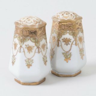 Antique Nippon Porcelain Salt & Pepper Shaker Set White & Green W.  Gold Moriage