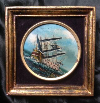 Wonderful Antique Oil On Wood Miniature Painting Seascape Tall Ship Sea Storm