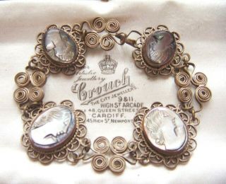 Antique Vintage Jewellery Real Carved Shell Cameo Filigree Bracelet