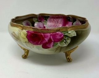 Lovely Nippon Red & Pink Roses Heavy Gold Beading Footed Bowl Antique 1890 - 1920