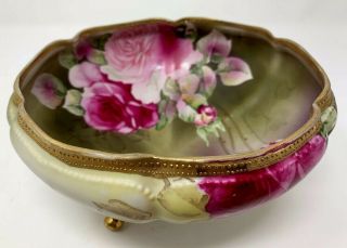 LOVELY NIPPON RED & PINK ROSES HEAVY GOLD BEADING FOOTED BOWL ANTIQUE 1890 - 1920 2