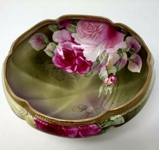 LOVELY NIPPON RED & PINK ROSES HEAVY GOLD BEADING FOOTED BOWL ANTIQUE 1890 - 1920 3