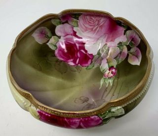 LOVELY NIPPON RED & PINK ROSES HEAVY GOLD BEADING FOOTED BOWL ANTIQUE 1890 - 1920 4