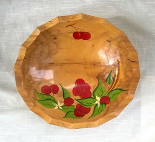 Vintage Rio Grande Woodenware Hand Painted Wood Bowl,  Scalloped Edges - Cherries