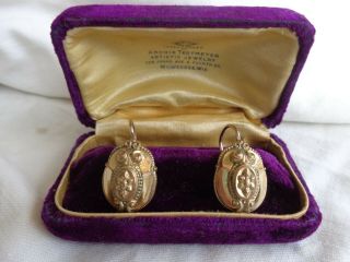 Antique Victorian Floral Scroll Repousse Pierce Wire Gold Filled Earrings W/ Box