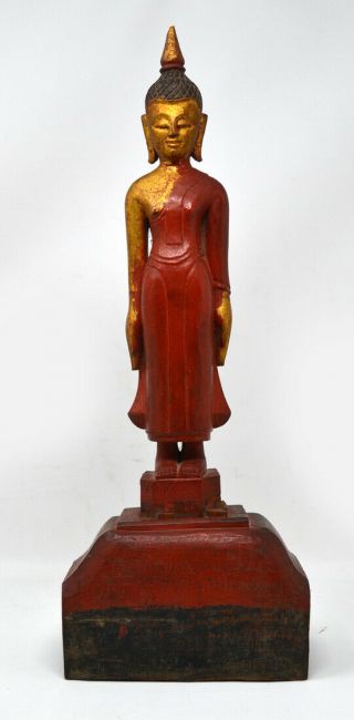 19th C.  Or Earlier Standing Wood Carved Buddha (red & Gold Paint)