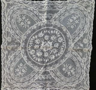 Antique Linen Lace Wedding Hankie.  Intricate Handwork & Embroidery.  Netting.  14 " Sq