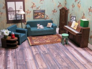 Strombecker Living Room Set W/ Upright Piano,  Vintage Wooden Dollhouse Furniture