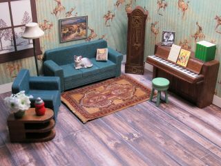 Strombecker LIVING ROOM SET w/ UPRIGHT PIANO,  Vintage Wooden Dollhouse Furniture 2