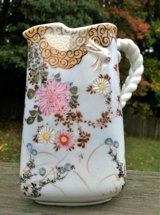 Antique Dm Ny Porcelain Cream Pitcher Floral & Bees W/rope Style Handle 5 3/4 "