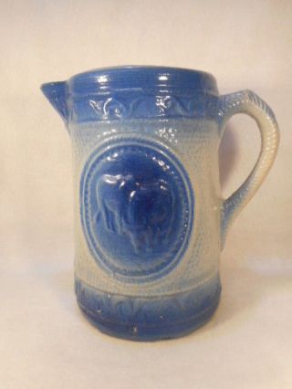 Antique Blue And White Salt Glaze Stoneware Handled Pitcher 8 1/4 " Tall