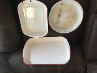 Antique/ Vintage Red And White Enamelware Baking Pans And Pie Plate