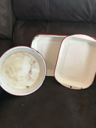 Antique/ Vintage Red And White Enamelware Baking Pans And Pie Plate 2