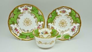Antique Coalport Porcelain Green Batwing Cabinet Tea Trio Cup & Saucer Plate 1
