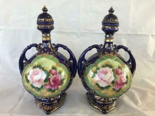 Good Antique Dresden / German Porcelain Hand Painted Lidded Vases.