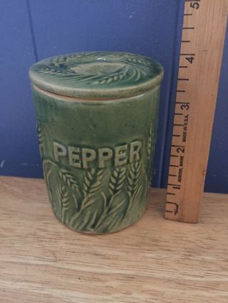 Rare Hull Pepper Spice Canister,  Green Wheat Pottery.  Antique.