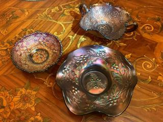 3 Antique Carnival Multicolor Northwood Fenton Glass Bowl Vase Plates