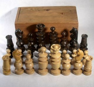 Antique C1890 French Regence Wood Chess Set Tournament Size 4 " Kings.