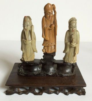 Antique Chinese Hardstone Group Figurine With Hardwood Stand