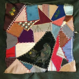 Antique Crazy Quilt Block 12” Hand Embroidered Painted Frog Silk Satin Unusual
