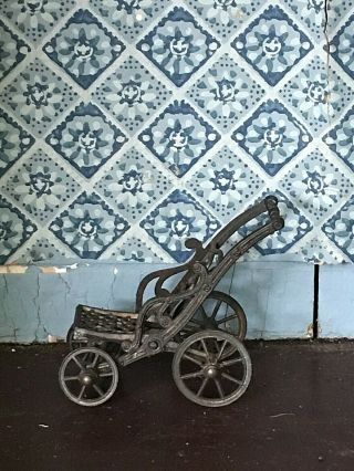 Antique Dollhouse Miniature Hard Metal German Folding Baby Pram Stroller F