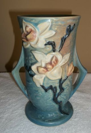 Antique Roseville Pottery Magnolia Vase Blue 89 - 7