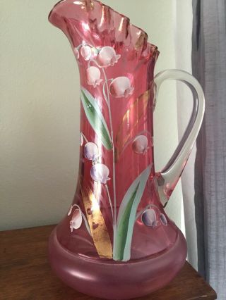 Antique Northwood Cranberry Art Glass Lilly Of The Valley Pitcher