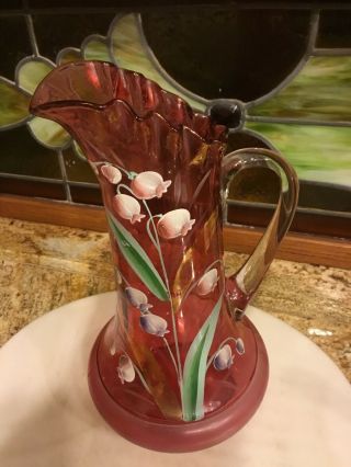 Antique Northwood Cranberry Art Glass Lilly of the Valley Pitcher 2