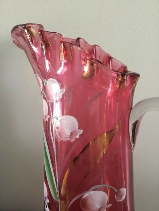Antique Northwood Cranberry Art Glass Lilly of the Valley Pitcher 3