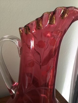 Antique Northwood Cranberry Art Glass Lilly of the Valley Pitcher 4