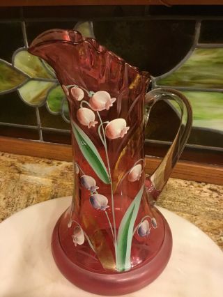 Antique Northwood Cranberry Art Glass Lilly of the Valley Pitcher 5