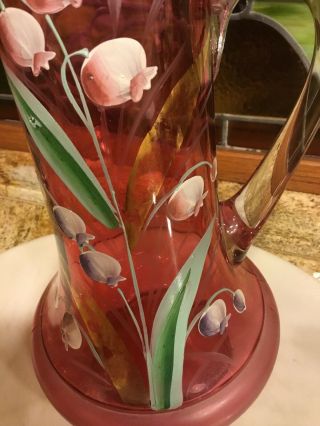 Antique Northwood Cranberry Art Glass Lilly of the Valley Pitcher 6