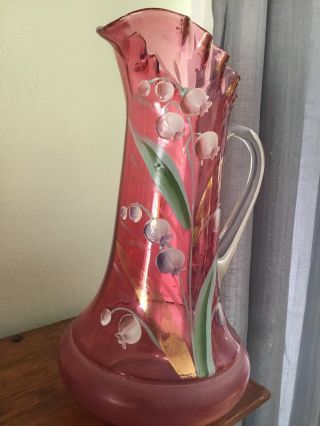 Antique Northwood Cranberry Art Glass Lilly of the Valley Pitcher 8