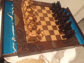 Vintage/antique Large Wooden Hand Carved Asian Chess Set 1940 