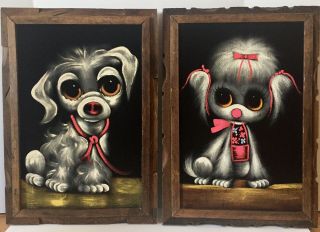 2 Vintage Black Velvet Paintings Mid Century Perfect Pair Puppy Dog Pink 20”