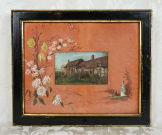 Antique 19th Century Victorian Oil Painting Of House Lady Dog Framed