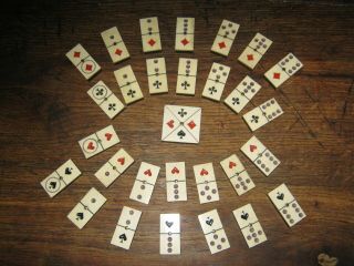 Rare? Set Of 29 Antique Cow Bone/ebony/brass Dominoes With Numbers & Card Suits