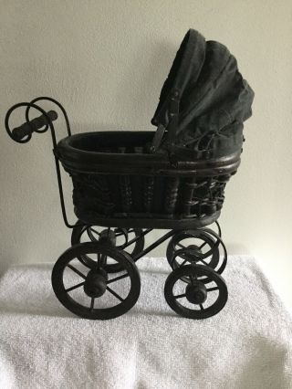 Vintage Wooden Wicker Black Metal Baby Doll Carriage Stroller