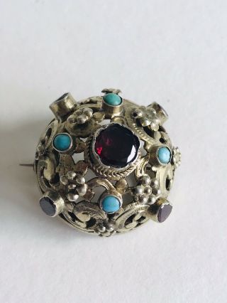 Antique Austro Hungarian Sterling Silver Turquoise And Garnet Brooch