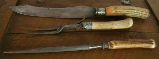 Antique Sheffield Era Carving Set Knife Fork Sharpener Stag Antler Handle