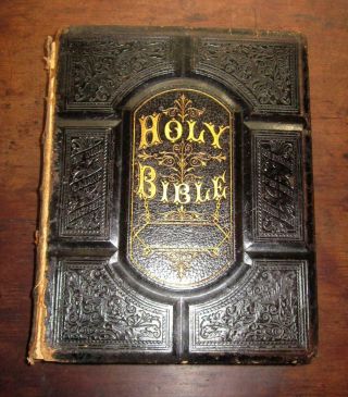 Old Antique Family Bible Gilt,  Tooled Leather Illuminated Dore Illustrated,  1876