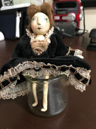 Handmade Antique Doll Made Of Bone,  Real Hair,  And Scrap Velvet Fabric
