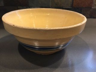 Antique Primitive Yellow Ware Mixing Bowl Pottery W/triple Blue Stripes 9 "