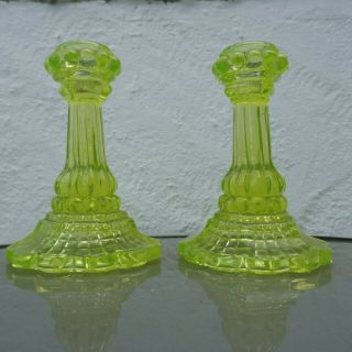 Antique Victorian Molineaux & Webb Uranium Vaseline Glass Candlesticks.