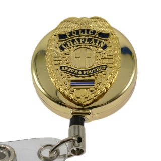 Police Chaplain Blue Line Gold Retractable Badge Reel Security Id Card Holder