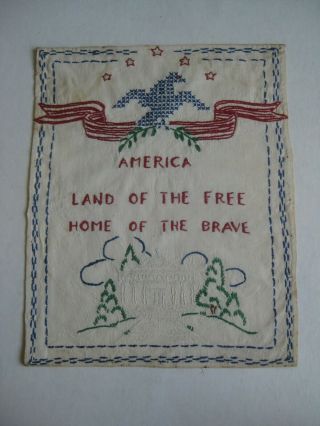 Antique American Folk Art Neddlework Hand Stitched Sampler W/eagle & Building