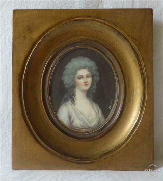 Antique Early 20th C French Painted Portrait Miniature Of A Young Woman Signed