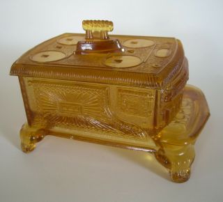 Antique Eapg Bryce Bros Era Amber Stove W/ Sad Iron Handle Glass Novelty Box
