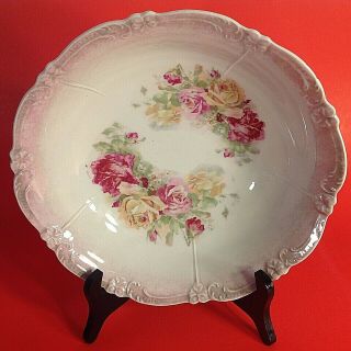 Vintage Bowl.  Scalloped 10 " W By 2 3/4 " H.  Red,  Yellow,  Pink Rose Pattern.